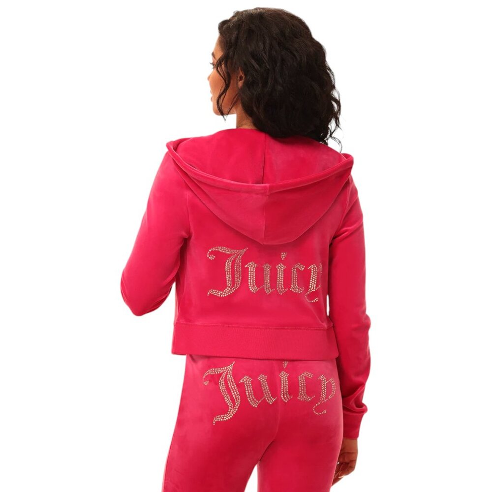 JUICY COUTURE BLING Velour TRACKSUIT Size L Pants + Hoodie 2 Piece Set Hot Pink